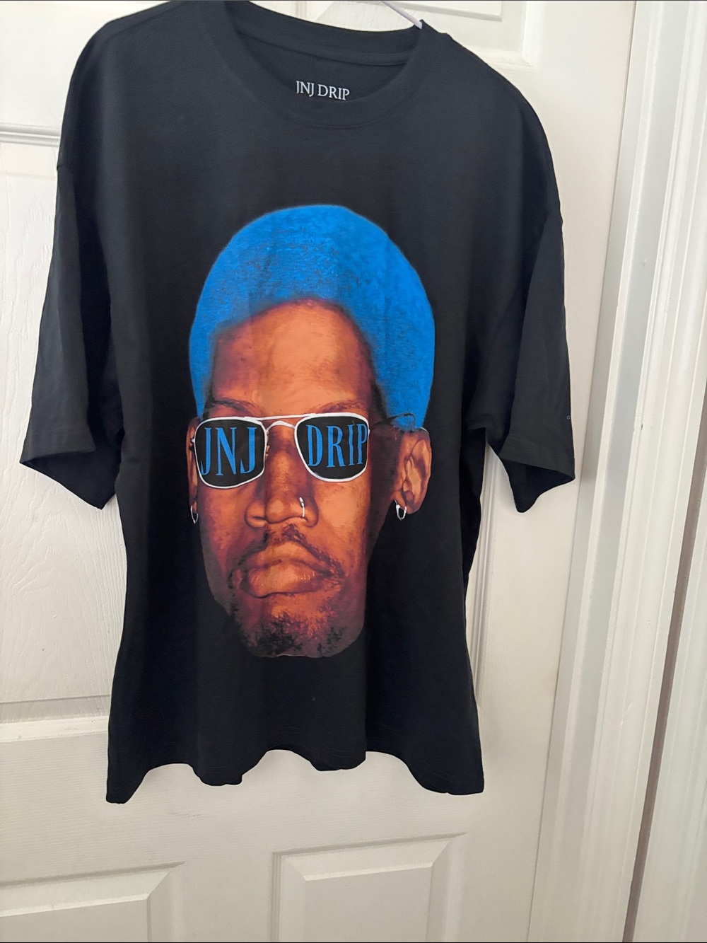 Men’s Black Graphic Tee with Blue Hair Accent